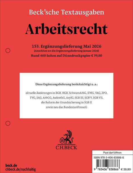 Beck’sche Textausgaben, Arbeitsrecht, 153. Ergänzungslieferung Mai 2026. Roter Hintergrund, schwarzer Text.