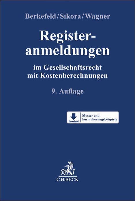 "Registeranmeldungen im Gesellschaftsrecht mit Kostenberechnungen, 9. Auflage." Blaues Cover, Download-Icon unten.