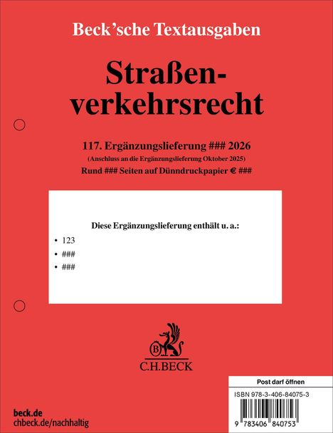 Titel: Straßenverkehrsrecht. Hinweis auf 117. Ergänzungslieferung 2026. Logo unten: C.H. BECK. Links unten: beck.de.