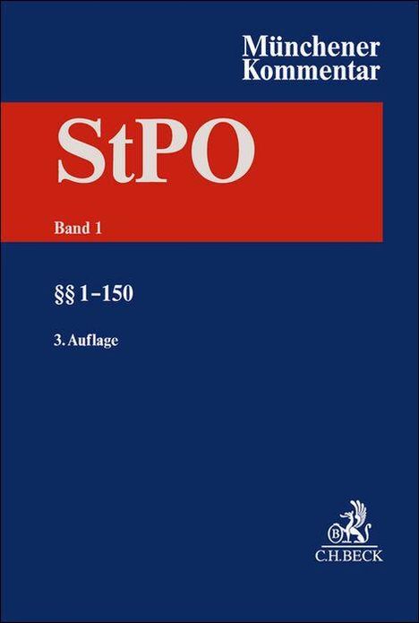 Blauer Hintergrund, rotes Feld mit "StPO", Text "Münchener Kommentar, Band 1", "§§ 1-150", "3. Auflage". Unten ein Logo.