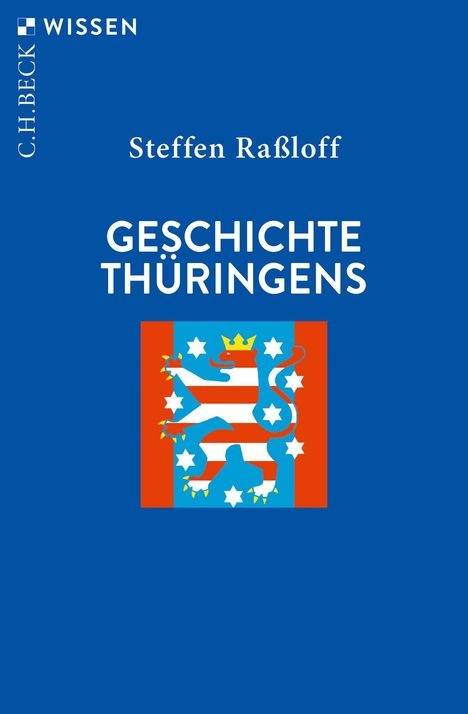 Text: "GESCHICHTE THÜRINGENS". Blaues Cover mit einem stilisierten Wappen mit Löwe und Sternen in der Mitte.