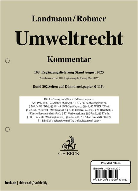 "Umweltrecht Kommentar, 108. Ergänzungslieferung August 2025, 802 Seiten, €115, C.H.BECK Logo."