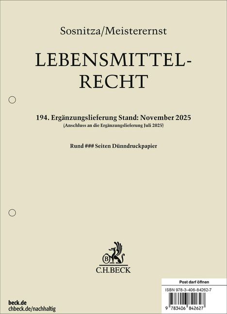 Sosnitza/Meisterernst. LEBENSMITTEL-RECHT. 194. Ergänzungslieferung November 2025. Logo von C.H.BECK.