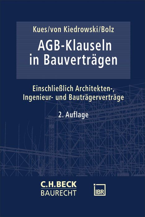 Cover: "AGB-Klauseln in Bauverträgen", 2. Auflage. Blaue Hintergrundgrafik mit Baugerüstlinien.