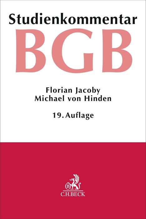 „Studienkommentar BGB“, Autoren: Florian Jacoby, Michael von Hinden, 19. Auflage. Darunter ein Logo mit einem Greif.