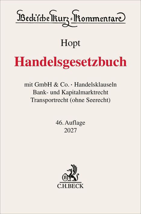 "Beck'sche Kurz-Kommentare", "Hopt", "Handelsgesetzbuch", Auflage "46. Auflage 2027", Verlagslogo unten.