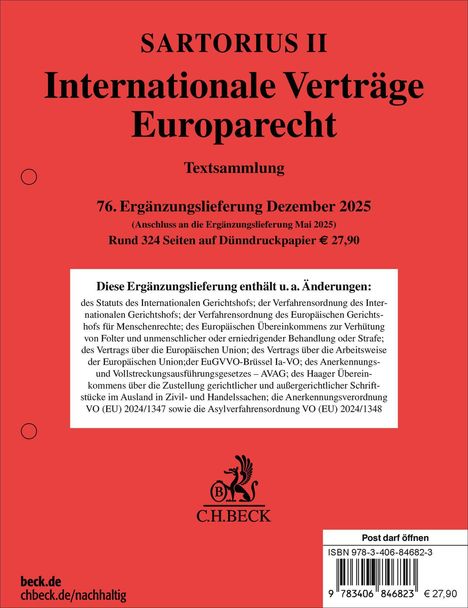 „SARTORIUS II Internationale Verträge Europarecht“ Textsammlung, Dezember 2025, 76. Ergänzung, €27,90. C.H. BECK Logo enthalten.