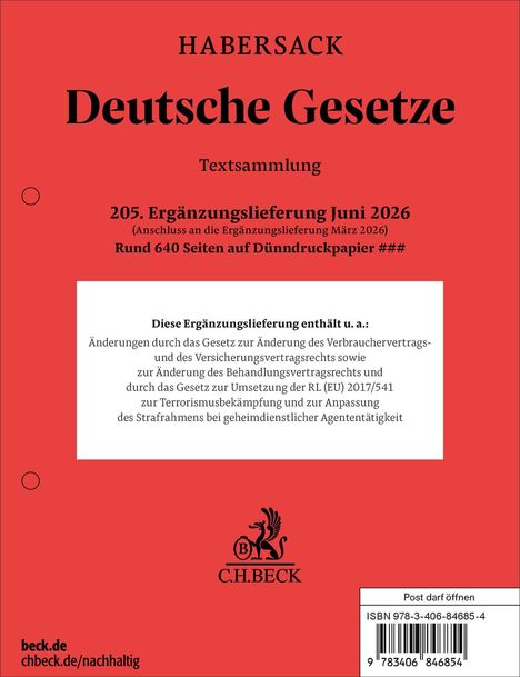 "205. Ergänzungslieferung Juni 2026, Rund 640 Seiten." Ein rotes Cover mit einem C.H. Beck Logo unten.