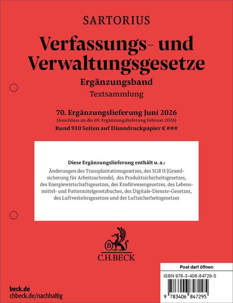 Roter Hintergrund, Titel: "Verfassungs- und Verwaltungsgesetze", Juni 2026 Ergänzung, 910 Seiten, Logo: C.H.BECK.