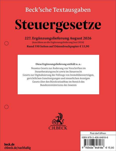 "Ergänzungslieferung", darunter ein stilisiertes Logo mit Greif und Buchstaben "B". Darunter steht "C.H.BECK".