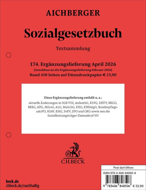 AICHBERGER, Sozialgesetzbuch, Textsammlung, 174. Ergänzungslieferung April 2026. C.H.BECK Logo unten. ISBN und Preis.
