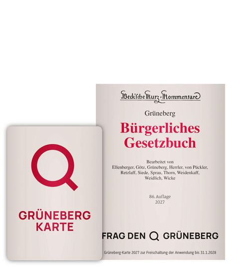 Text: "Bürgerliches Gesetzbuch", "GRÜNEBERG KARTE", "86. Auflage 2027". 

Links Karte mit Lupe, rechts Buchcover.