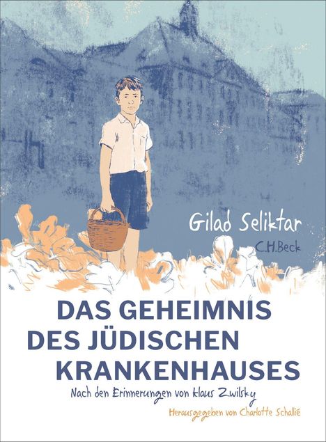 Ein Junge in blauer Shorts und weißem Hemd hält einen Korb. Text: "Das Geheimnis des jüdischen Krankenhauses".