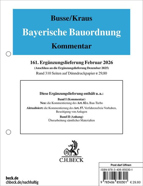 Busse/Kraus Bayerische Bauordnung Kommentar, Ergänzungslieferung Februar 2026, C.H.BECK Logo. ISBN 978-3-406-85030-1.