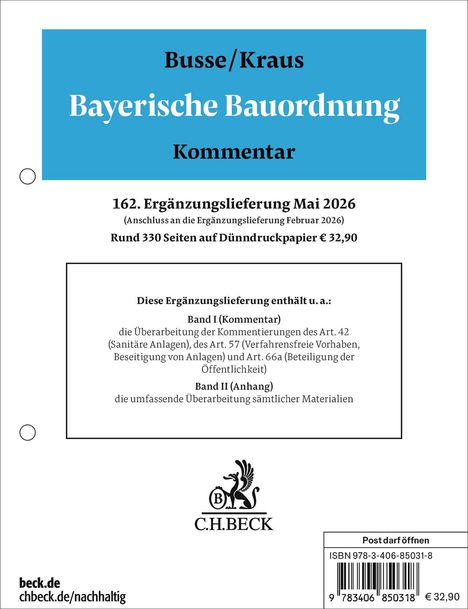 162. Ergänzungslieferung Mai 2026. Bayerische Bauordnung Kommentar. Preis € 32,90. C.H. Beck Logo.