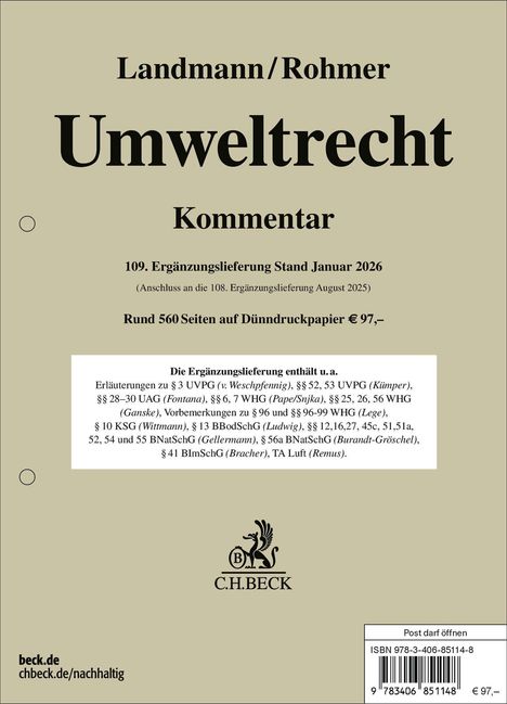 Landmann/Rohmer Umweltrecht Kommentar. Ergänzungslieferung Januar 2026. 560 Seiten, €97. C.H.BECK Logo unten.