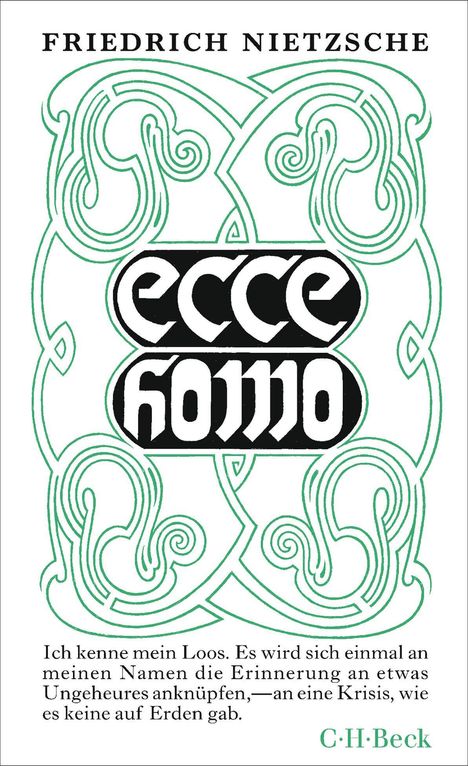 FRIEDRICH NIETZSCHE, "ecce homo". Zitat: "Ich kenne mein Loos...eine Krisis, wie es keine auf Erden gab." Verzierter Rahmen.
