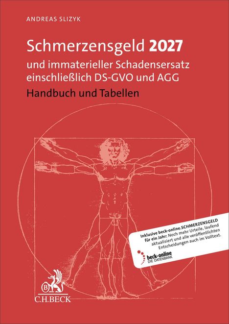 "ANDREAS SLIZYK, Schmerzensgeld 2027, Handbuch und Tabellen. Hinweis auf online-Datenbank. Illustration von Mensch."