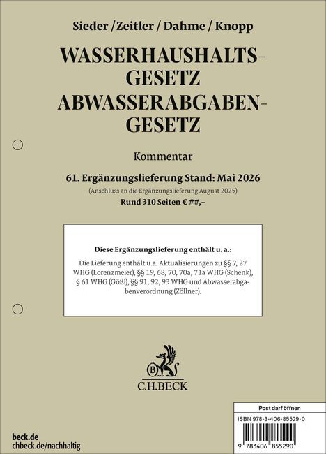 Titel: Wasserhaushaltsgesetz, Abwasserabgabengesetz. Autoren: Sieder, Zeitler, Dahme, Knopp. 61. Ergänzung Mai 2026.