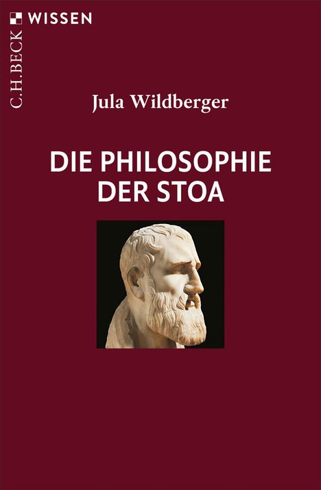 Titel: "Die Philosophie der Stoa" von Jula Wildberger. Relief eines bärtigen Mannes auf dunkelrotem Hintergrund.