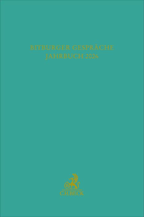 „BITBURGER GESPRÄCHE JAHRBUCH 2026“ steht auf einem türkisfarbigen Hintergrund mit einem goldenen Verlagslogo.
