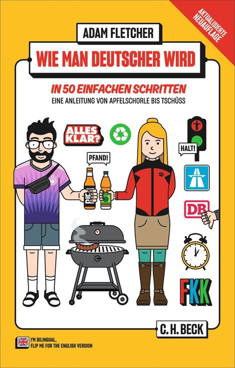 "Wie man Deutscher wird - in 50 einfachen Schritten" zeigt cartoonhafte Personen mit deutschen Klischee-Elementen.