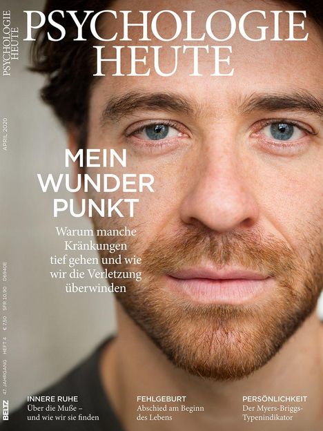 Zeitschrift "PSYCHOLOGIE HEUTE", April 2020. Titelthema: "MEIN WUNDER PUNKT". Nahe Porträt eines bärtigen Mannes.