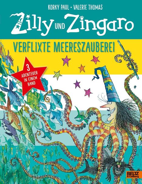"Zilly und Zingaro: Verflixte Meereszauberei". Illustration: Eine Hexe im Ozean mit einem Zauberstab und vielen Meereslebewesen.