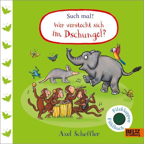 "Such mal! Wer versteckt sich im Dschungel?" Eine Illustration mit Tieren: ein Elefant, Affen, ein Papagei und Schmetterlinge.