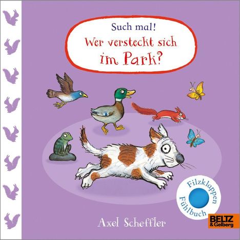 "Säugetiere der Savanne": Illustration mit einem Hund, Enten, Frosch, Eichhörnchen und Schmetterlingen auf lila Hintergrund.