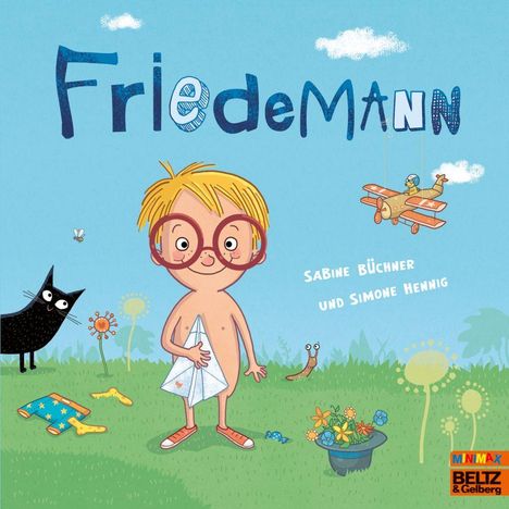 Text: "Friedemann", "Sabine Büchner und Simone Hennig". Illustration: Kind mit großer Brille, Papierflieger, schwarze Katze.