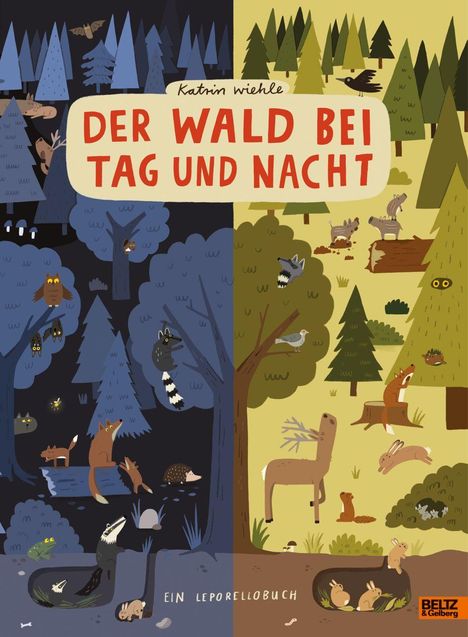 „DER WALD BEI TAG UND NACHT“ oben, „EIN LEPORELLOBUCH“ unten. Links Nacht, rechts Tag, jeweils mit Tieren.