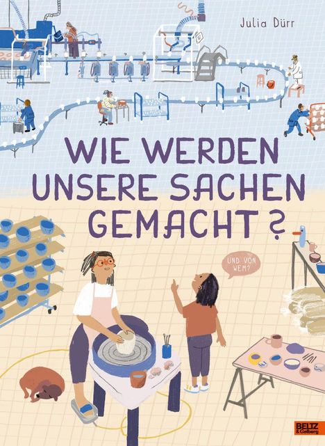 Text: „WIE WERDEN UNSERE SACHEN GEMACHT?“ und „UND VON WEM?“. Illustration einer Werkstatt mit Menschen an Maschinen.
