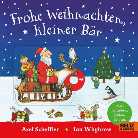 "Frohe Weihnachten, kleiner Bär" steht oben. Eine Illustration zeigt den Weihnachtsmann auf einem Rentierschlitten.