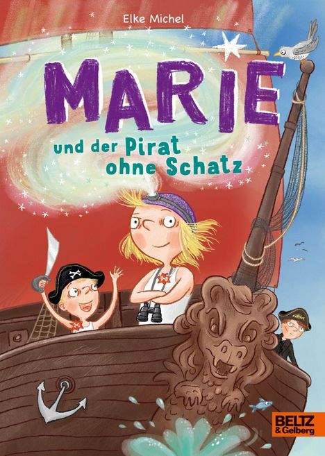 „MARIE und der Pirat ohne Schatz“ steht in großen, bunten Buchstaben. Zwei Kinder in Piratenkostümen auf einem Schiff.