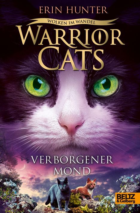 Text: "ERIN HUNTER", "WOLKEN IM WANDEL", "WARRIOR CATS", "VERBORGENER MOND", "BELTZ & GELBERG". Illustration: Katzengesicht.