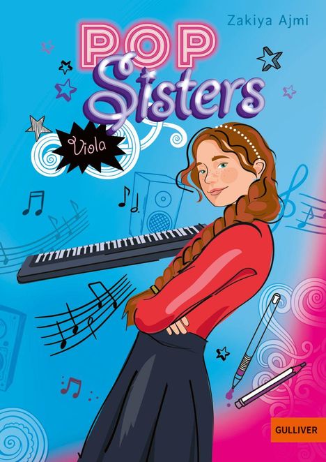 „POP Sisters“ und „Viola“. Mädchen mit Zopf, lächelt vor blauer Kulisse mit Musiksymbolen, Sternen und Keyboard.