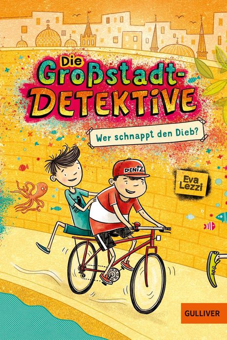 Text: "Die Großstadt-Detektive. Wer schnappt den Dieb? Eva Lezzi." Zwei Kinder fahren gemeinsam auf einem Fahrrad.