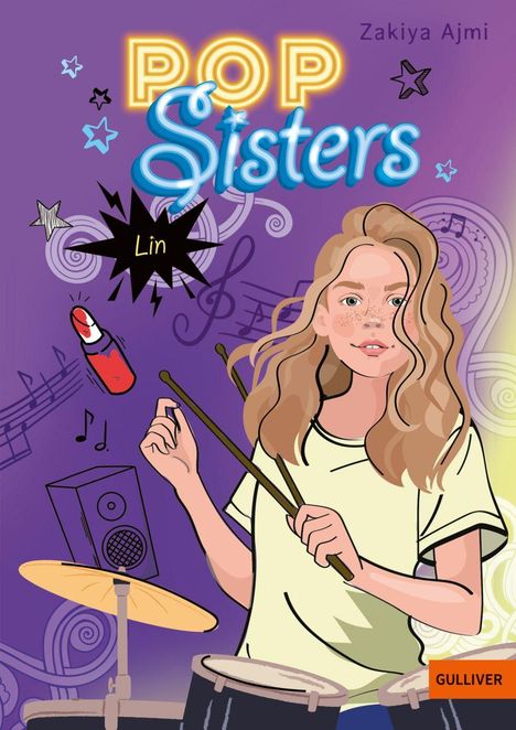 "Pop Sisters" in leuchtenden Buchstaben. Ein Mädchen mit blonden Haaren spielt Schlagzeug. Musikalische Symbole im Hintergrund.