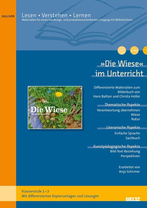 Titel: "Die Wiese" im Unterricht. Material für Klassenstufe 1–3 mit Bild und Hasenillustration.