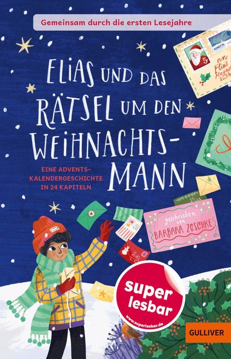 „Elias und das Rätsel um den Weihnachtsmann“ steht auf einem winterlichen Hintergrund mit Briefen und einem Kind im Schnee.