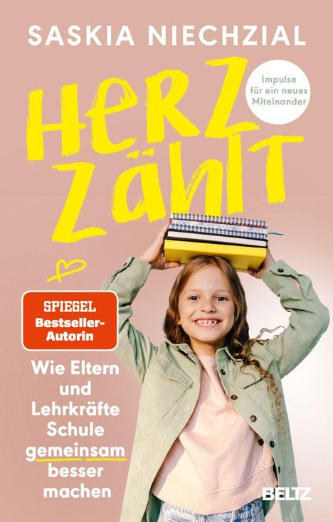 Text: "Saskia Niechzial, Herz zählt, Impulse für ein neues Miteinander, SPIEGEL Bestseller-Autorin." Kind mit Büchern.