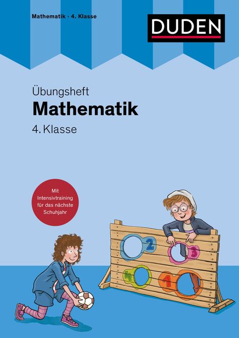 Übungsheft Mathematik 4. Klasse. Illustration: Zwei Kinder spielen mit einem Holzwandspiel mit bunten Zahlenlöchern.
