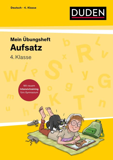 "Mein Übungsheft Aufsatz 4. Klasse, Mit neuem Intensivtraining fürs Gymnasium." Kind liest, Katze auf Rücken.