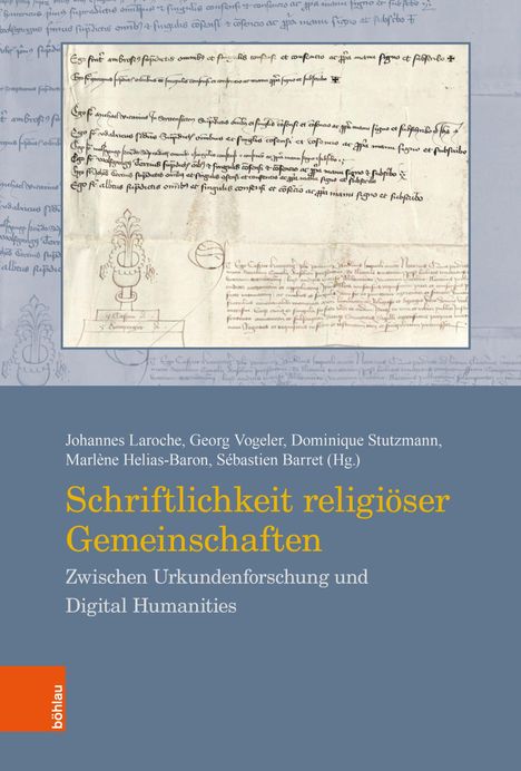 Der Text beschreibt ein Buch mit dem Titel "Schriftlichkeit religiöser Gemeinschaften". Es zeigt historische Handschriften.