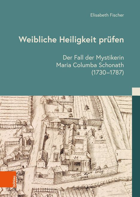 Titel: "Weibliche Heiligkeit prüfen". Buch von Elisabeth Fischer. Unten: historische Illustration eines Klosters.