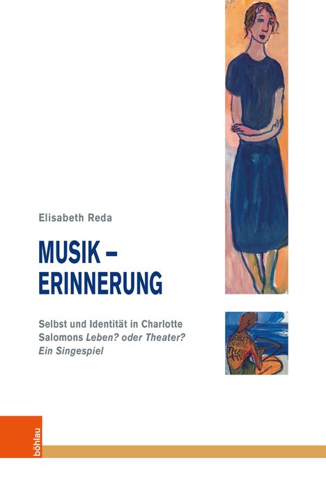 Elisabeth Reda, "MUSIK – ERINNERUNG". Gemälde einer Frau in Blau, daneben eine sitzende Figur am Meer.