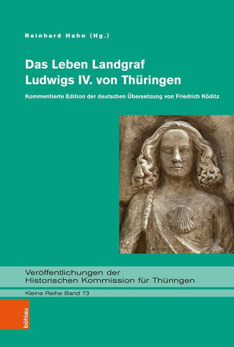 Titel: „Das Leben Landgraf Ludwigs IV. von Thüringen“. Historische Büste eines Mannes, verziert mit Muschelornament.