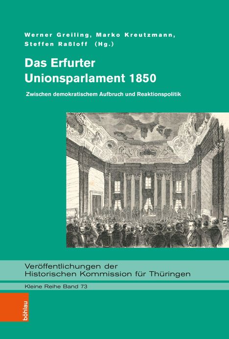 Titel: Das Erfurter Unionsparlament 1850. Illustration einer historischen Versammlung in eleganter Halle.