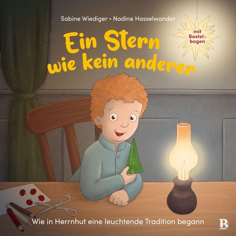 Ein Buchcover zeigt ein Kind am Tisch mit einem grünen Papierbaum neben Bastelutensilien und einer leuchtenden Lampe.